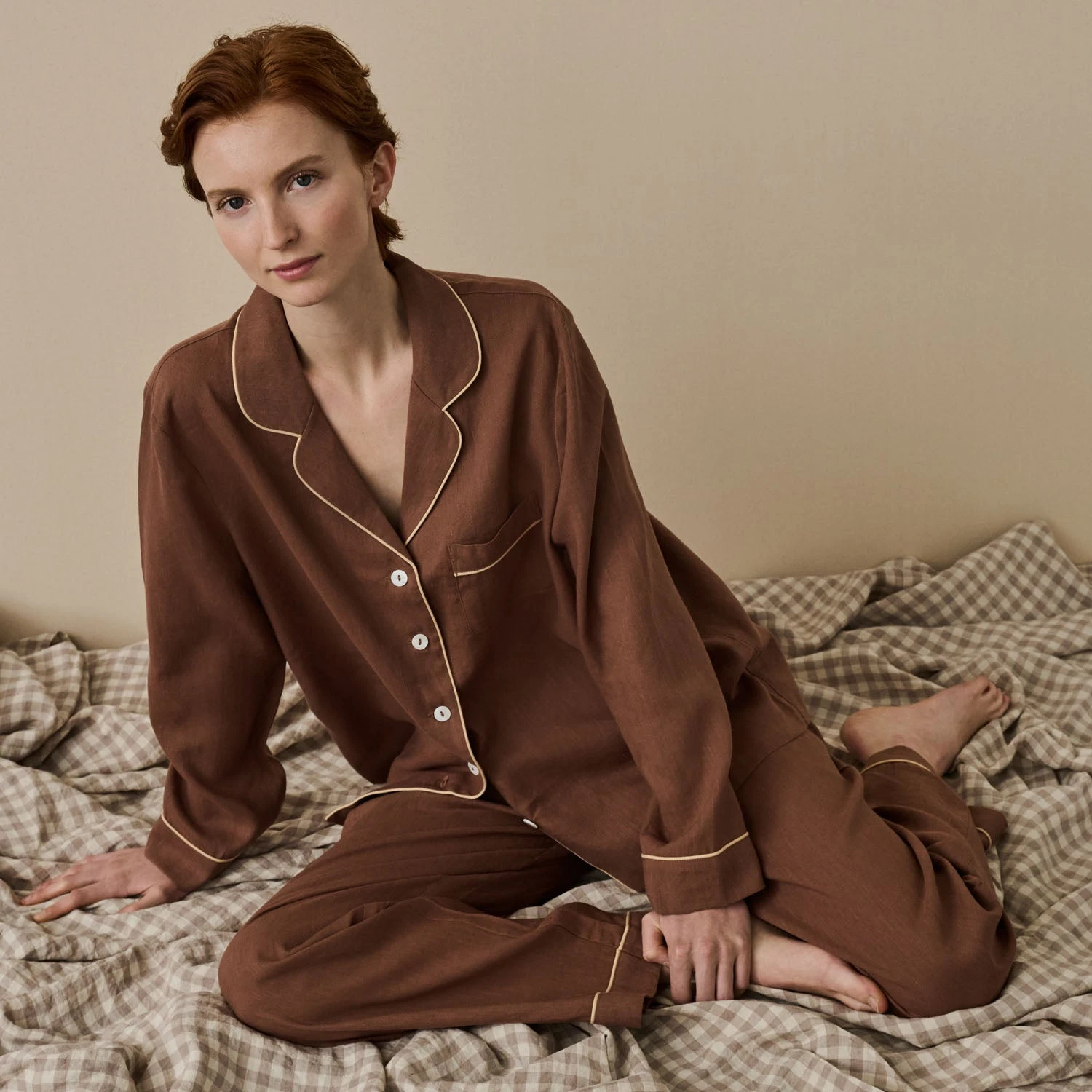 Barley Brown Linen Tencel Pyjama Trouser Set 3 Barley Brown Linen Tencel Pyjama Trouser Set