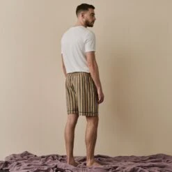 Blue & Porcini Striped Linen Tencel Men's PJ Shorts -Piglet in Bed Store BlueandPorciniStripeLinenTencilMen sPyjamaShorts 5217