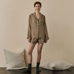 Blue & Porcini Striped Linen Tencel Women's PJ Shorts Set