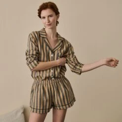 Blue & Porcini Striped Linen Tencel Women's PJ Shorts