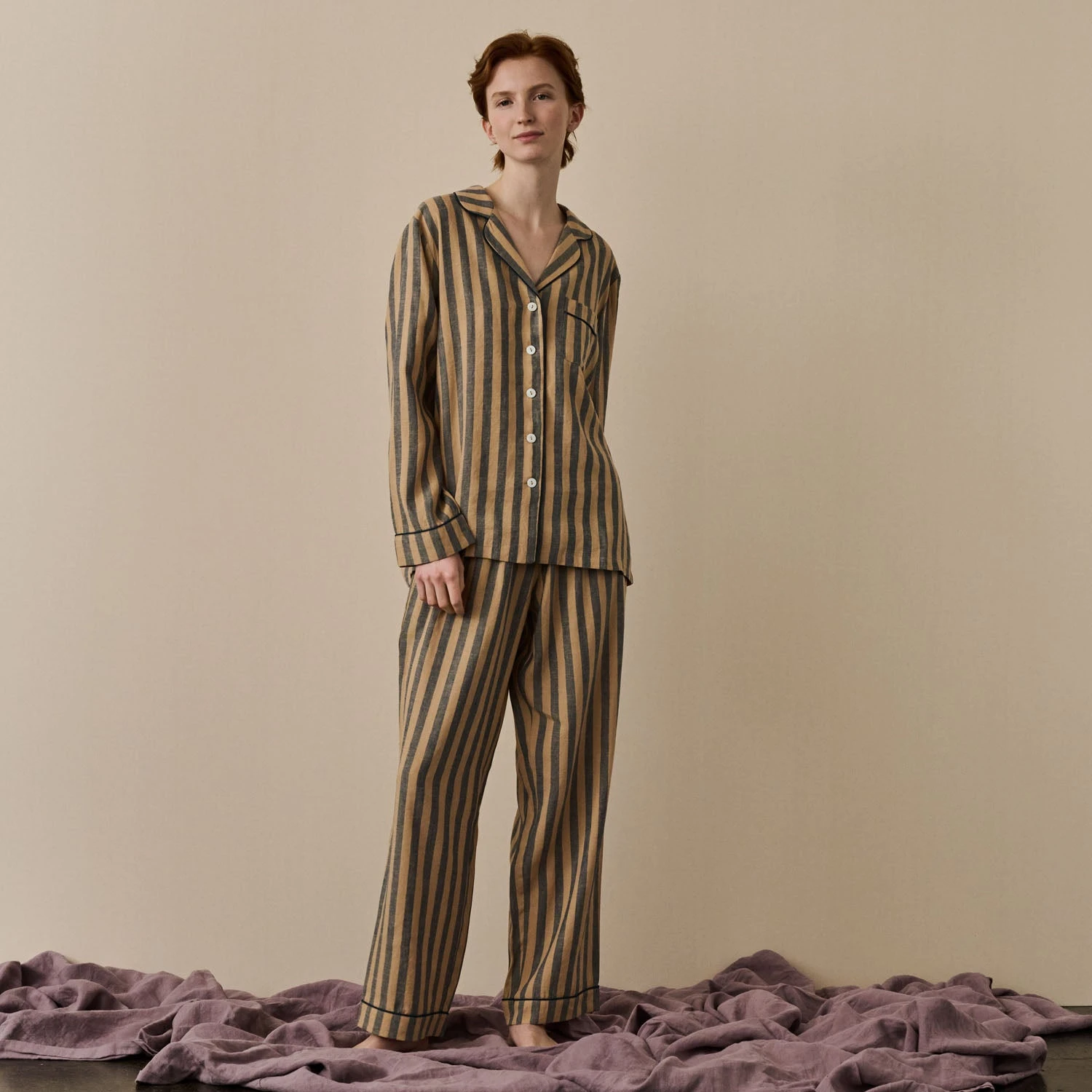 Blue & Porcini Striped Linen Tencel Women's PJ Trouser Set 3 Blue & Porcini Striped Linen Tencel Women's PJ Trouser Set