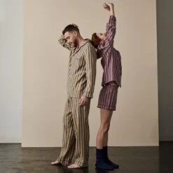 Blue & Porcini Striped Linen Tencel Men's PJ Trouser Set -Piglet in Bed Store Campaignimagery1 9772