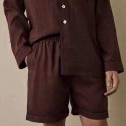 Conker Brown Linen Tencel Men's Pyjama Short Set -Piglet in Bed Store ConkerBrownLinenTencilMen sPyjamaShortsSet 4438