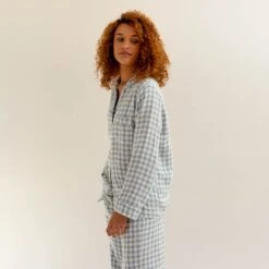 Warm Blue Gingham Linen Pyjama Shirt