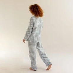 Warm Blue Gingham Linen Pyjama Trouser Set 10 Warm Blue Gingham Linen Pyjama Trouser Set -Piglet in Bed Store EG PIGLET ECOMM LOWRES 0868