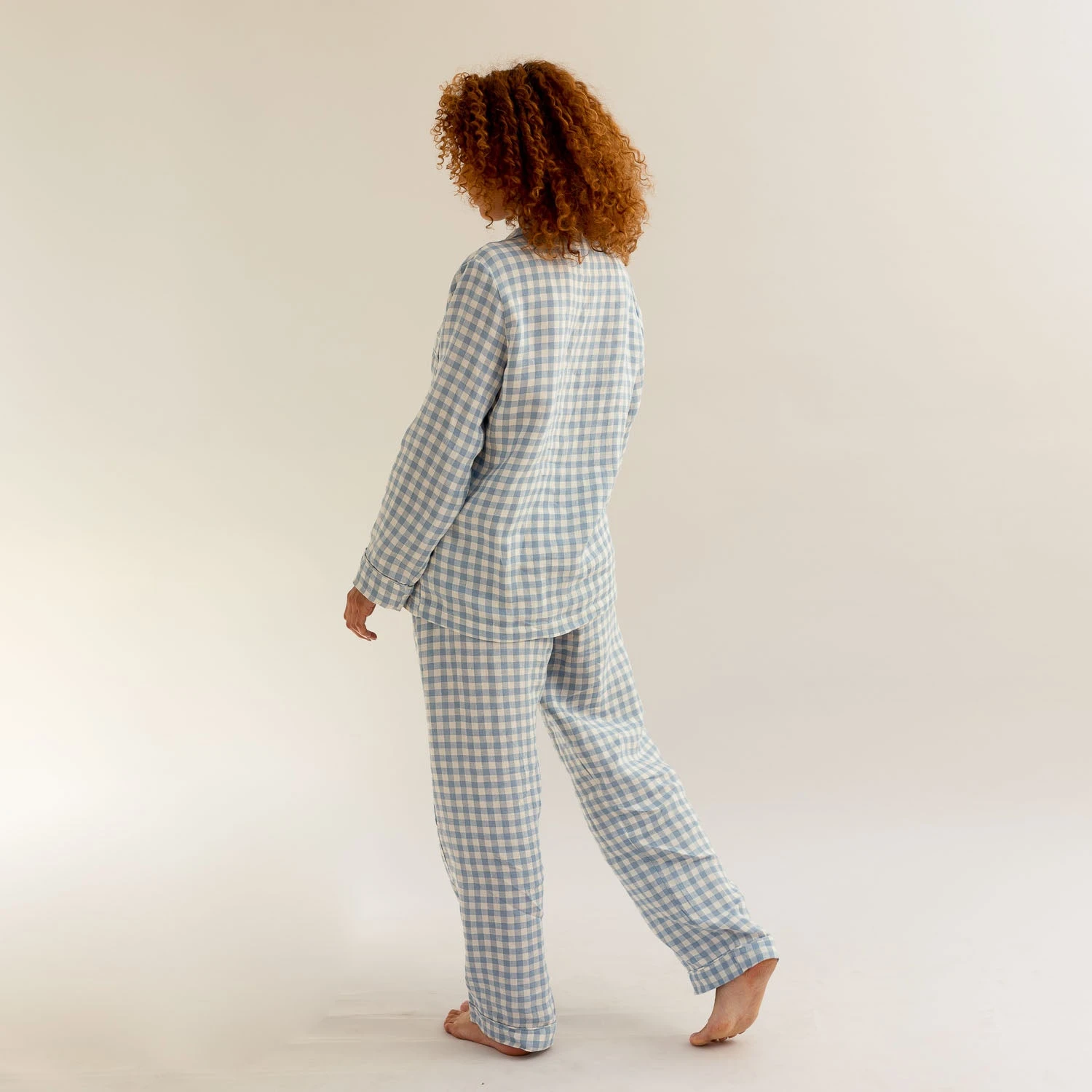 Warm Blue Gingham Linen Pyjama Trouser Set 5 Warm Blue Gingham Linen Pyjama Trouser Set - Image 3