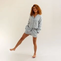 Warm Blue Gingham Linen Pyjama Shorts Set