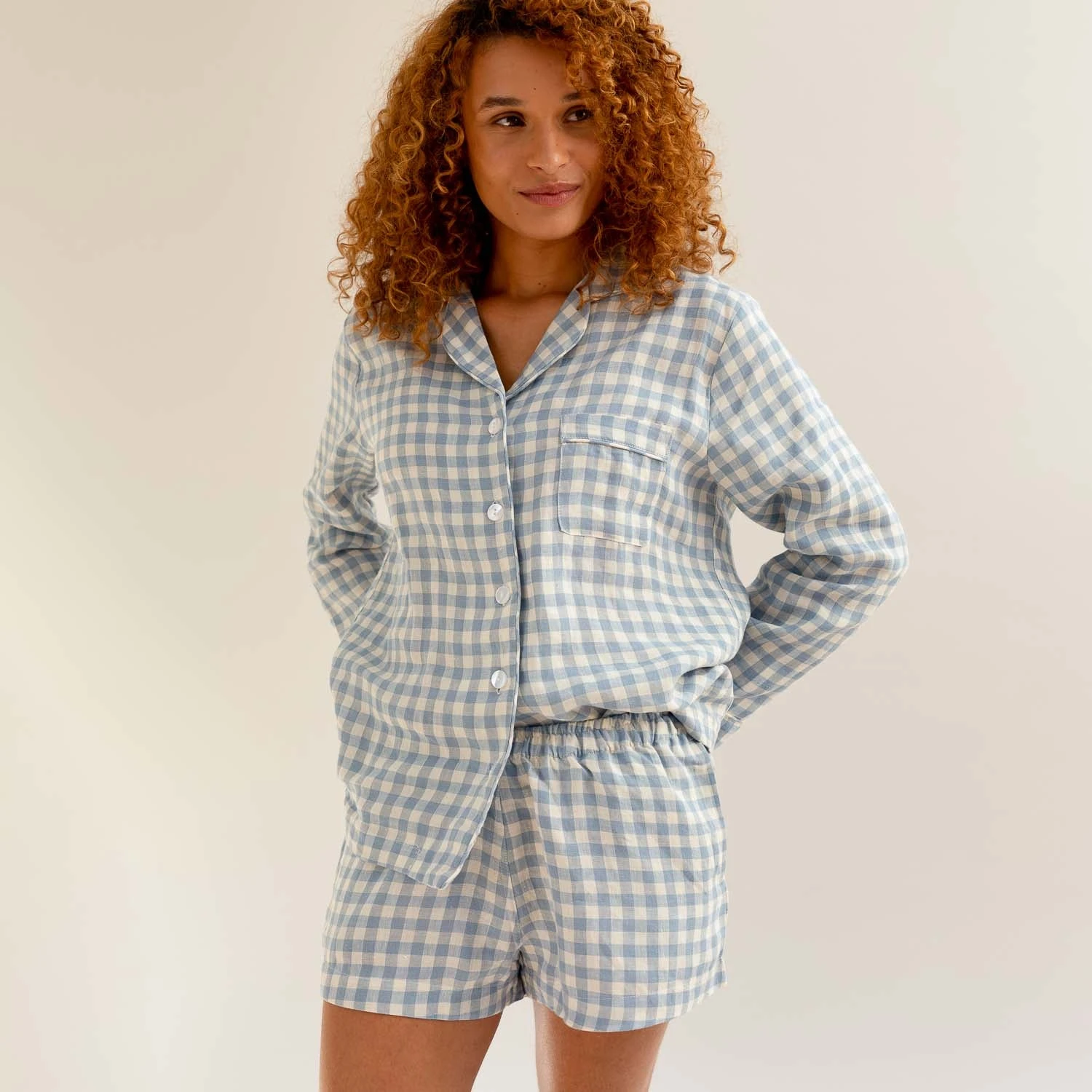 Warm Blue Gingham Linen Pyjama Shirt 6 Warm Blue Gingham Linen Pyjama Shirt - Image 4