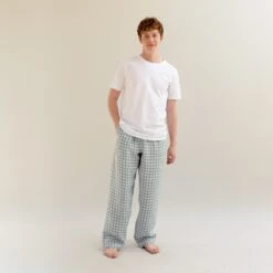 Men's Warm Blue Gingham Linen Pyjama Trousers -Piglet in Bed Store EG PIGLET ECOMM LOWRES 1148