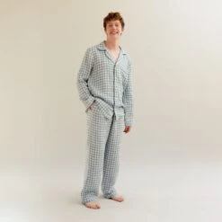 Men's Warm Blue Gingham Linen Pyjama Trouser Set
