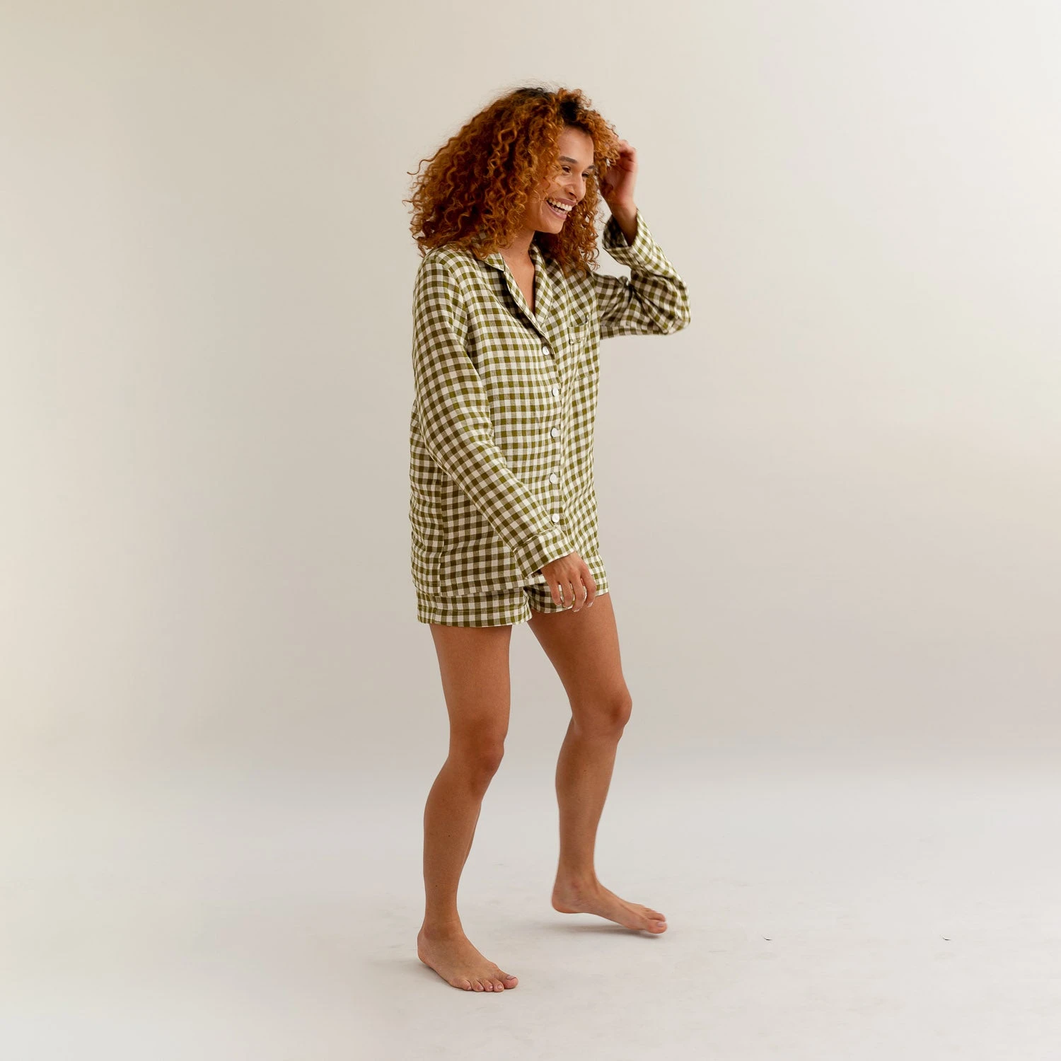 Botanical Green Gingham Linen Pyjama Shorts Set 3 Botanical Green Gingham Linen Pyjama Shorts Set
