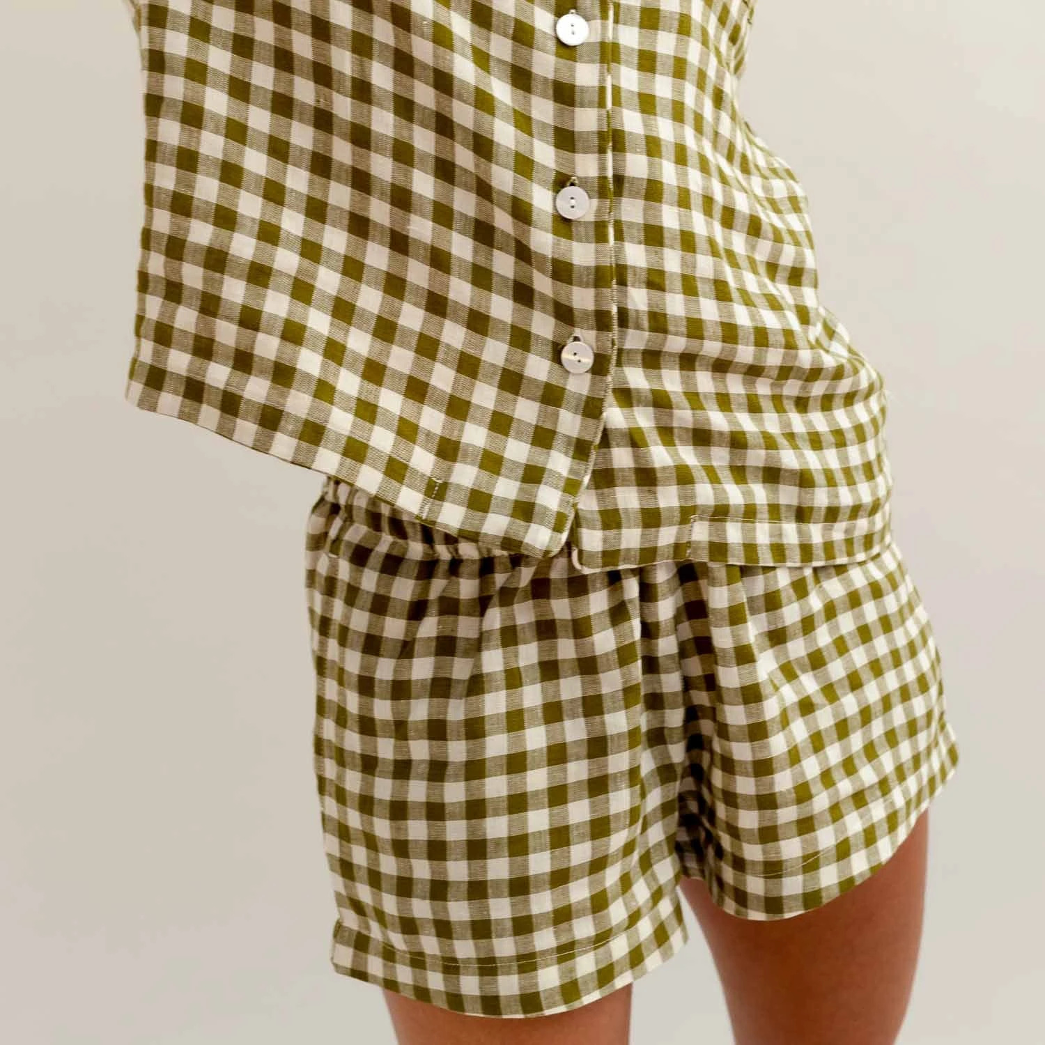 Botanical Green Gingham Linen Pyjama Shorts Set 7 Botanical Green Gingham Linen Pyjama Shorts Set - Image 5