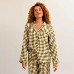 Botanical Green Gingham Linen Pyjama Shirt