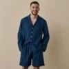 Marine Blue Linen Tencel Men's Pyjama Short Set -Piglet in Bed Store MarineBlueLinenTencilMen sPyjamaShortsSet 4275