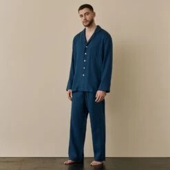 Marine Blue Linen Tencel Men's Pyjama Trouser Set -Piglet in Bed Store MarineBlueLinenTencilMen sPyjamaTrouserSet 4064