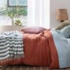 Warm Blue Checked Stripe Wool Blanket -Piglet in Bed Store Piglet in Bed Checked Stripe Wool Blanket Warm Blue Lifestyle 1