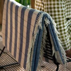 Warm Blue Checked Stripe Wool Blanket -Piglet in Bed Store Piglet in Bed Checked Stripe Wool Blanket Warm Blue Lifestyle 3
