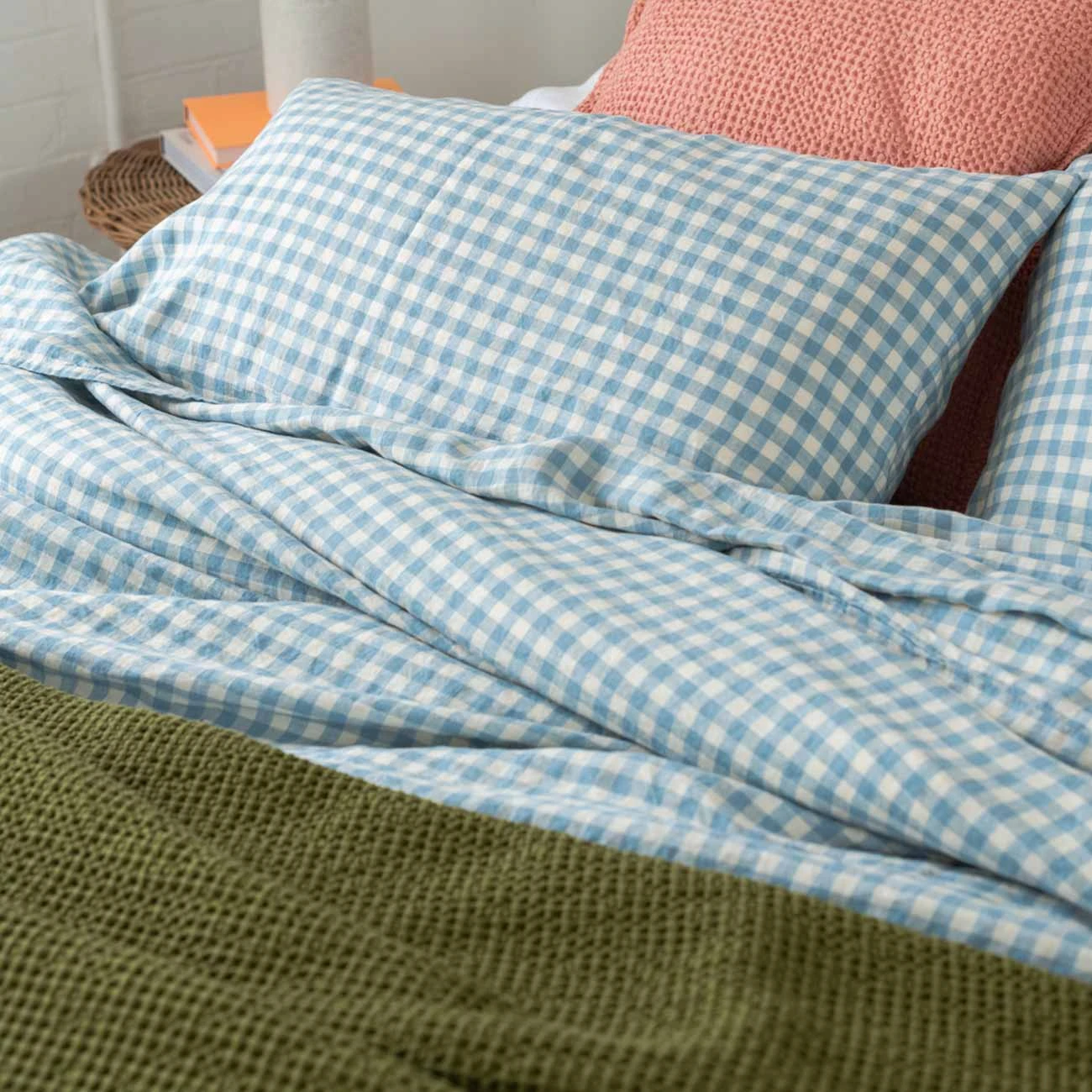 Warm Blue Gingham Linen Flat Sheet 6 Warm Blue Gingham Linen Flat Sheet - Image 4