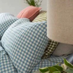 Warm Blue Gingham Linen Pillowcases (Pair) -Piglet in Bed Store Piglet in Bed Gingham Linen Bedding Warm Blue Lifestyle 6 1