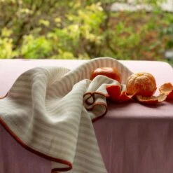 Oatmeal Stripe Linen Napkins Set Of 4 -Piglet in Bed Store Piglet in Bed Linen Napkin Set Oatmeal Stripe Lifestyle 4