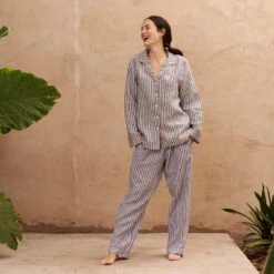 Midnight Stripe Linen Pyjama Trousers -Piglet in Bed Store Piglet in Bed Linen Pyjama Trouser Set Midnight Stripe 1 e07f8aa2 e224 475e a364 f1ae56dc8f8f