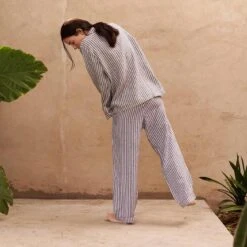 Midnight Stripe Linen Pyjama Trouser Set -Piglet in Bed Store Piglet in Bed Linen Pyjama Trouser Set Midnight Stripe 2