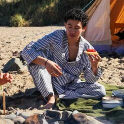 Men's Midnight Stripe Linen Pyjama Shirt (Top Only) 9 Men's Midnight Stripe Linen Pyjama Shirt (Top Only) -Piglet in Bed Store Piglet in Bed Mens Midnight Stripe Pyjama Trouser Set Lifestyle 6