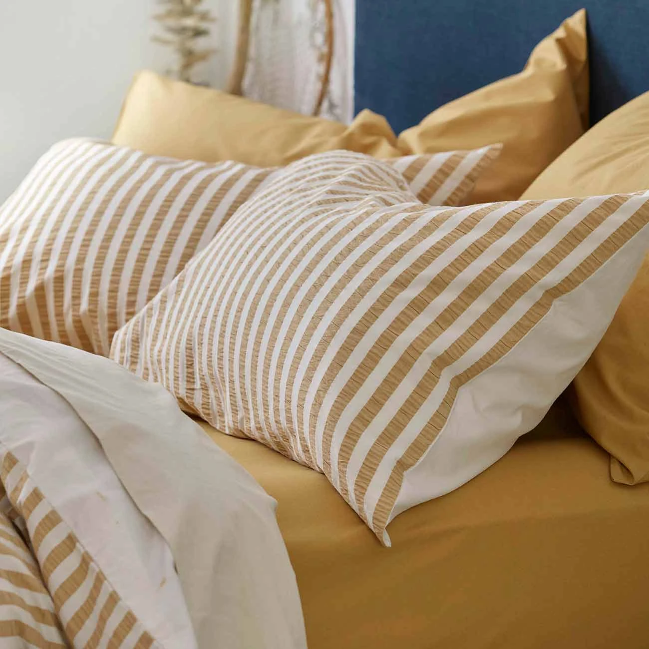 Ochre Seersucker Stripe Cotton Pillowcases (Pair) 3 Ochre Seersucker Stripe Cotton Pillowcases (Pair)