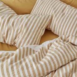 Ochre Seersucker Stripe Cotton Pillowcases (Pair) -Piglet in Bed Store Piglet in Bed Seersucker Stripe Bedding Ochre 4