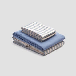 Warm Blue Seersucker Stripe Cotton Bundle 13 Warm Blue Seersucker Stripe Cotton Bundle -Piglet in Bed Store PigletinBed CottonBasicBundle WarmBlueSeersuckerStripe Mix Match V1 CoveBlue greyBG