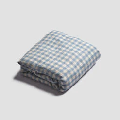 Warm Blue Gingham Linen Fitted Sheet 8 Warm Blue Gingham Linen Fitted Sheet -Piglet in Bed Store PigletinBed GinghamBeddingFittedSheet WarmBlue 1 greyBG 1