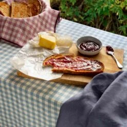 Warm Blue Gingham Linen Tablecloth -Piglet in Bed Store PigletinBed GinghamLinenTablecloth WarmBlueGingham Lifestyle 2
