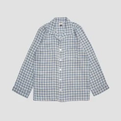 Men's Warm Blue Gingham Linen Pyjama Shirt -Piglet in Bed Store PigletinBed GinghamPyjamas Shirt WarmBlue 1 greyBG