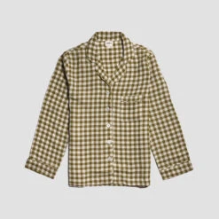Botanical Green Gingham Linen Pyjama Shirt -Piglet in Bed Store PigletinBed GinghamShirt BotanicGreen 1 greybg