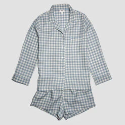 Warm Blue Gingham Linen Pyjama Shorts Set -Piglet in Bed Store PigletinBed GinhamShortsSet WarmBlue 1 greyBG