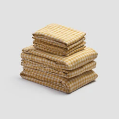Honey Gingham Linen Bundle -Piglet in Bed Store PigletinBed LinenBedtimeBundle HoneyGingham monocolour greyBG 1