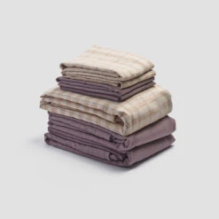 Cafe Au Lait Check Stripe Linen Bundle 16 Cafe Au Lait Check Stripe Linen Bundle -Piglet in Bed Store PigletinBed LinenBedtimeBundleV1 CafeauLaitCheckStripe 1 greyBG 1