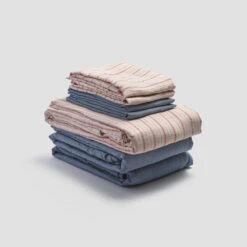 Mineral Red Ticking Stripe Linen Bundle 14 Mineral Red Ticking Stripe Linen Bundle -Piglet in Bed Store PigletinBed LinenBedtimeBundleV1 MineralRedTickingStripe 1 greyBG