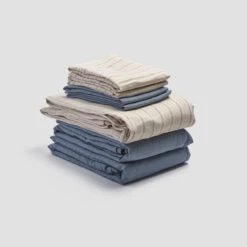 Pear Ticking Stripe Linen Bundle 15 Pear Ticking Stripe Linen Bundle -Piglet in Bed Store PigletinBed LinenBedtimeBundleV2 PearTickingStripe 1 greyBG