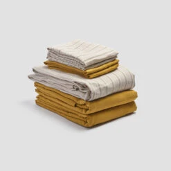 Pear Ticking Stripe Linen Bundle 16 Pear Ticking Stripe Linen Bundle -Piglet in Bed Store PigletinBed LinenBedtimeBundleV3 PearTickingStripe 1 greyBG