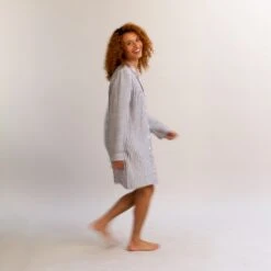 Midnight Stripe Linen Night Shirt -Piglet in Bed Store PigletinBed LinenNightShirt MidnightStripe 4