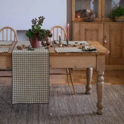 Botanical Green Gingham Linen Table Runner