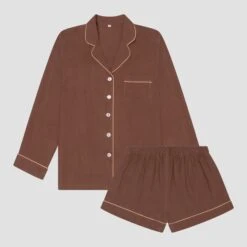 Barley Brown Linen Tencel Pyjama Shorts Set -Piglet in Bed Store PigletinBed Women sLinenTencelPJ BarleyBrown ShortsSet