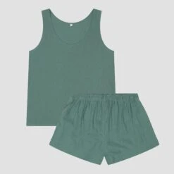 Tranquil Green Linen Tencel Women's Cami Set -Piglet in Bed Store PigletinBed Women sLinenTencelPJ TranquilGreen CamiTopShortsSet