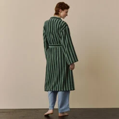 Pine Green Pembroke Stripe Cotton Robe -Piglet in Bed Store PineGreenPembrokeStripeDressingGown 8645 1200x1200 WEB