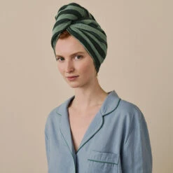 Pine Green Pembroke Stripe Cotton Hair Wrap -Piglet in Bed Store PineGreenPembrokeStripeHairTowel 9602 1200x1200 WEB