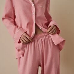 Pink Bloom Linen Tencel Pyjama Trouser Set -Piglet in Bed Store PinkBloomLinenTencilWomen sPyjamaTrouserSet 795