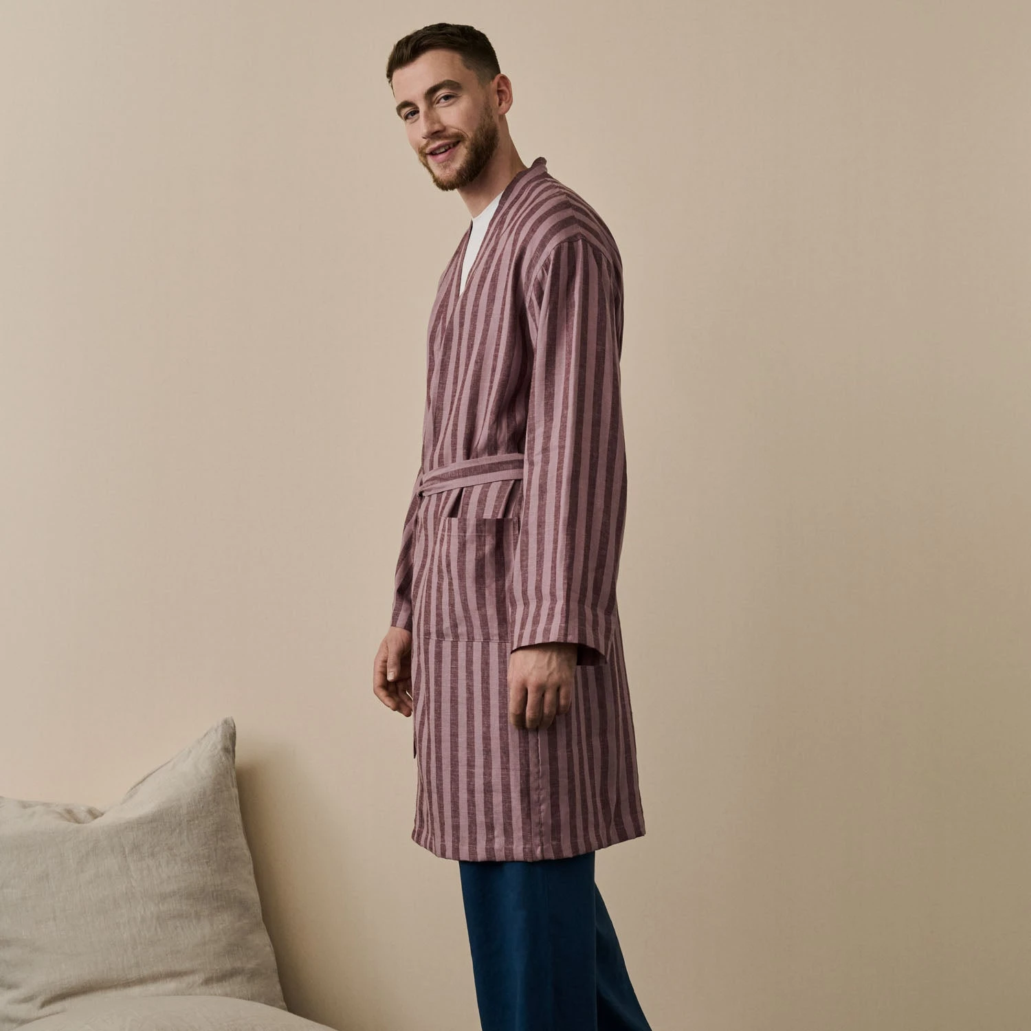 Port & Woodrose Striped Linen Tencel Robe 4 Port & Woodrose Striped Linen Tencel Robe - Image 2