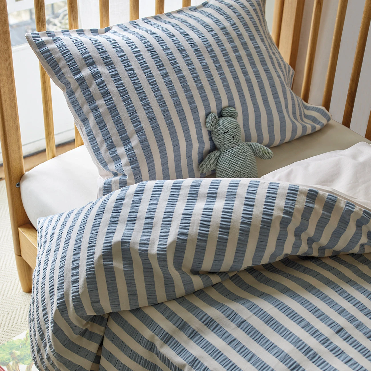 Warm Blue Seersucker Kids Stripe Cotton Bedding Set 4 Warm Blue Seersucker Kids Stripe Cotton Bedding Set - Image 2